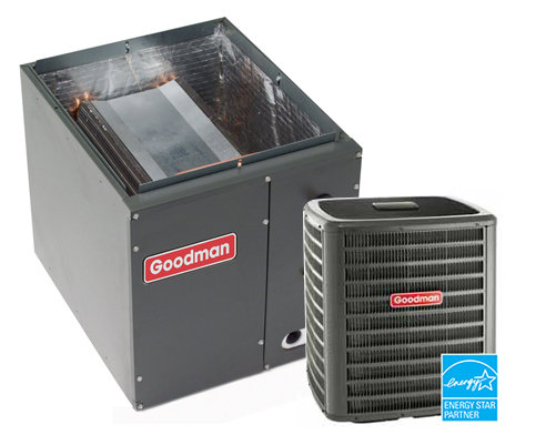 Goodman indoor coil and outdoor AC unit, representing HVAC equipment from Rural Heating and Cooling Systems in Roundup, MT.