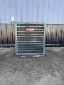 A new Goodman brand outdoor air conditioning unit installed by Missouri River Heating & Cooling in Mandan, ND.