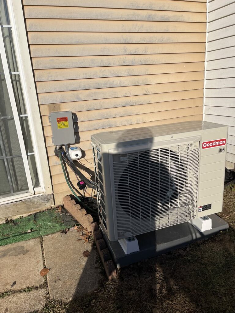 A new Goodman outdoor HVAC condenser unit installed next to a residential building by Markool Heating Cooling Plumbing in Frederick, MD.
