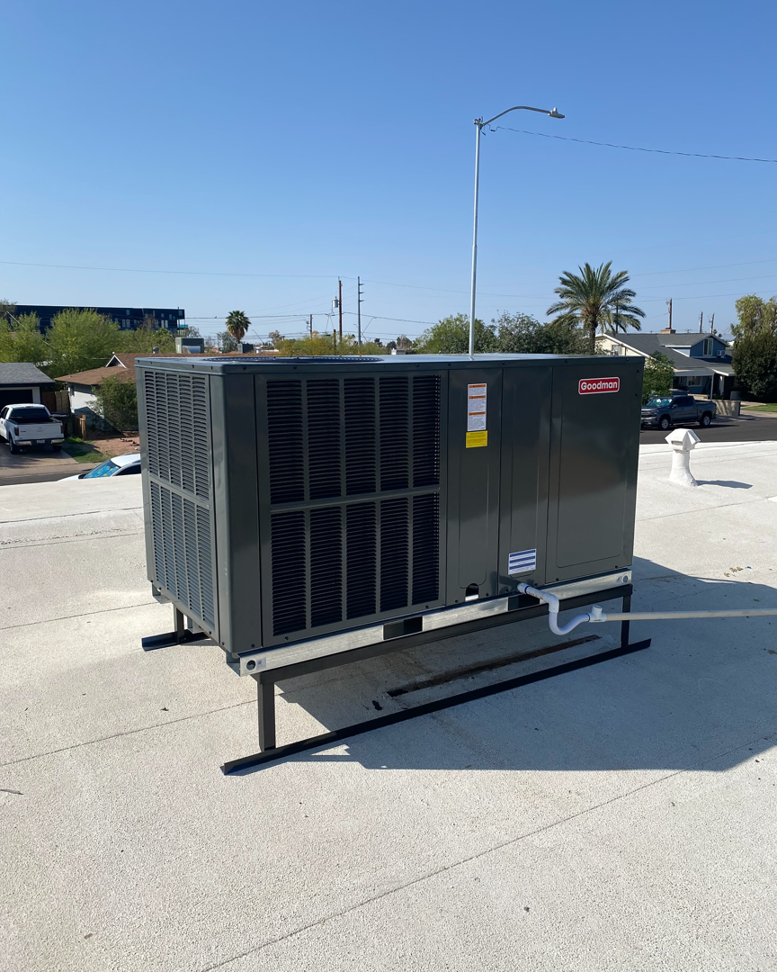A new Goodman rooftop HVAC unit installed by Kings of AC, LLC in Queen Creek, AZ.