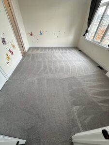 Gray carpet with visible cleaning marks in a child's bedroom, cleaned by PROlific Cleaning Services LLC in Indianapolis, IN.
