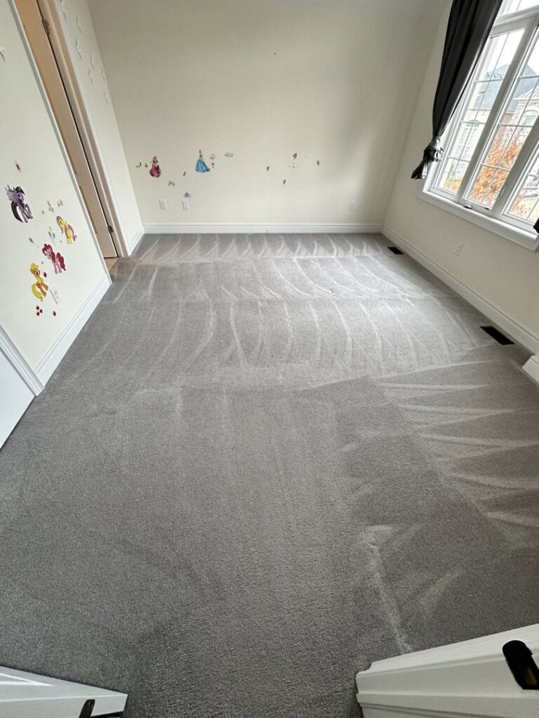 Gray carpet with visible cleaning marks in a child's bedroom, cleaned by PROlific Cleaning Services LLC in Indianapolis, IN.