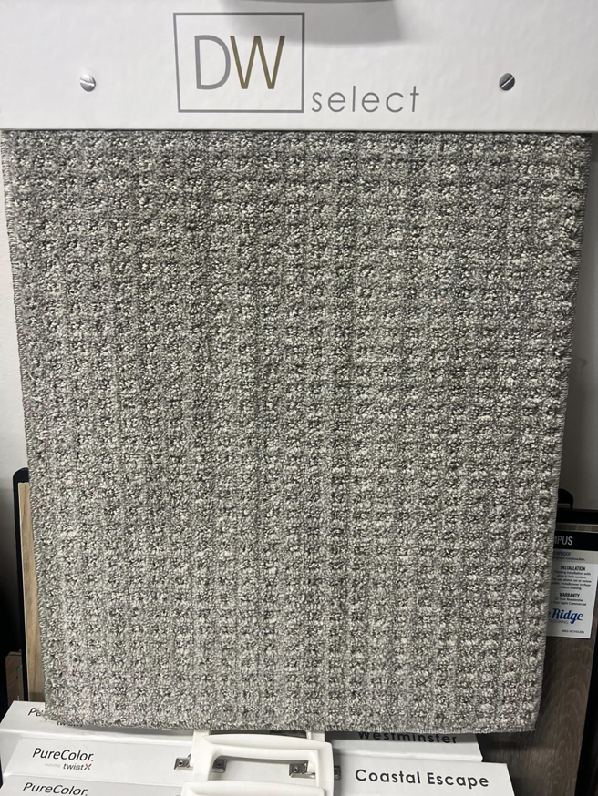 A close-up of a gray textured carpet sample at West Michigan Flooring & Interiors in Byron Center, MI.