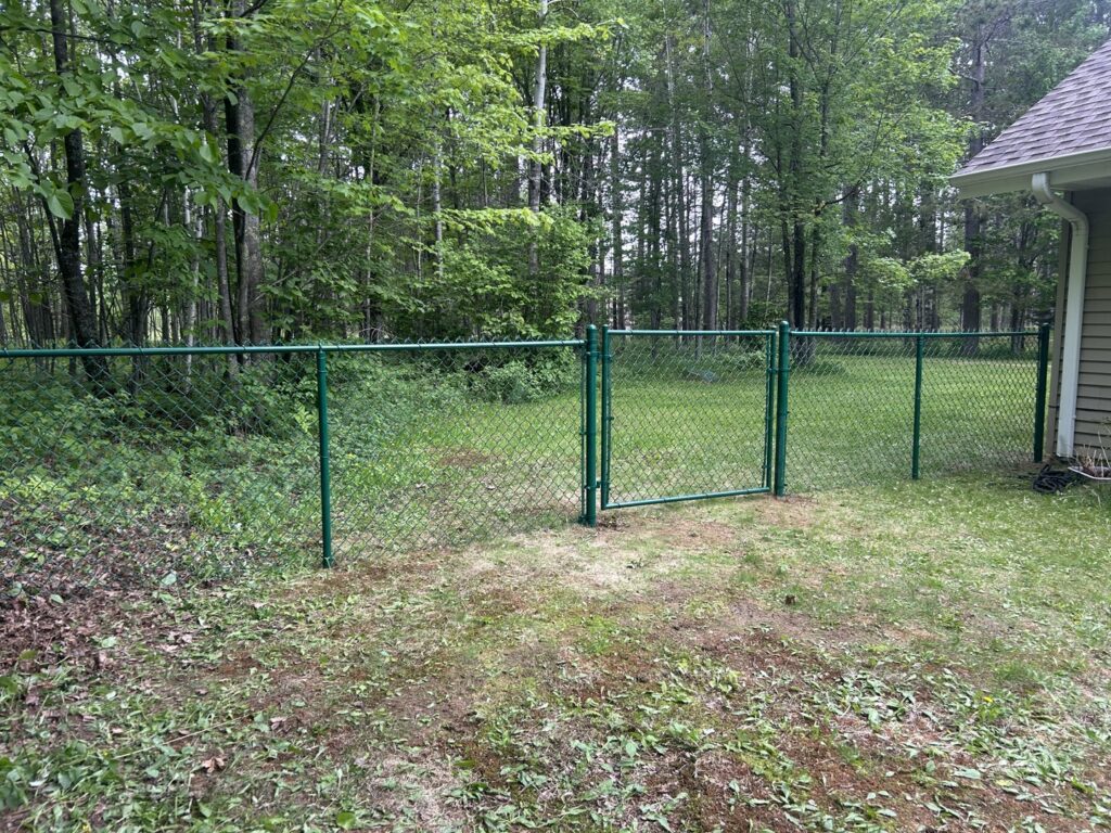 A green chain-link fence with a matching gate installed in a backyard by North Shore Fence Company in Centereach, NY.
