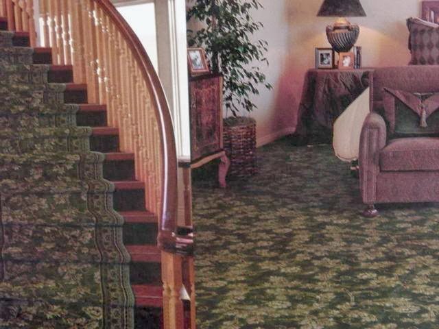 A room and staircase featuring a green patterned carpet installed by Floor Designs Unlimited, LLC in Pittsburgh, PA