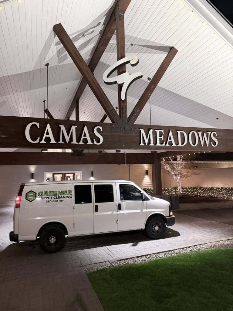Greener Carpet Cleaning van parked outside a commercial building in Vancouver, WA.
