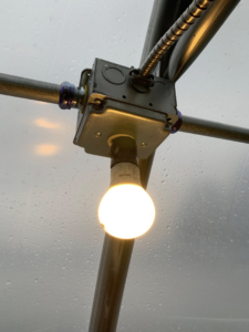 An illuminated light bulb and electrical conduit system installed in a greenhouse by Hulett Electric & Father in Shaftsbury, VT.
