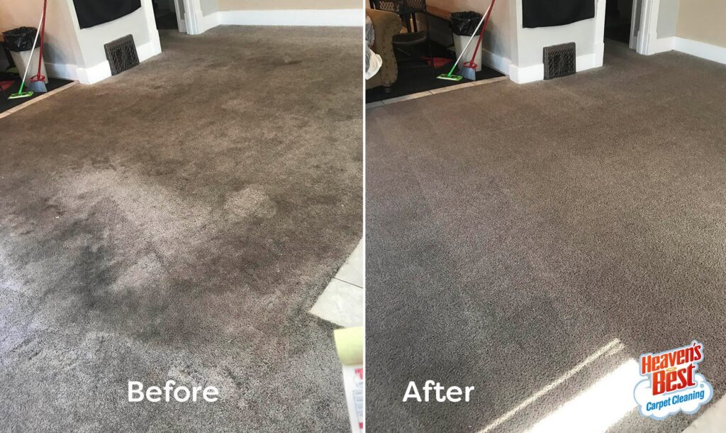 Before and after comparison of a grey carpet, showing a large dirty area completely cleaned by Heaven's Best Carpet Cleaning Hilton Head Island SC.