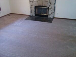 A room with a newly installed grey carpet and a modern fireplace by Big Orange Country Carpets & Concepts in Knoxville, TN.