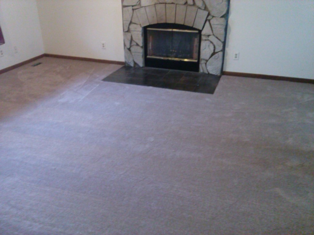 A room with a newly installed grey carpet and a modern fireplace by Big Orange Country Carpets & Concepts in Knoxville, TN.