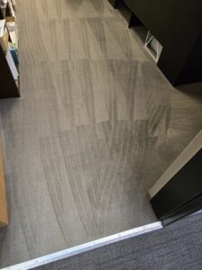 A grey carpet showing distinct cleaning lines after service by Legendary Carpet Care+ in Toledo, OH.