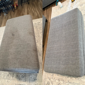 Before and after comparison of a grey ottoman cushion after professional cleaning by Good Guys Carpet Cleaning in Katy, TX.