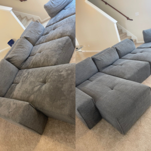 Before and after comparison of a grey sectional sofa after professional upholstery cleaning by Good Guys Carpet Cleaning in Katy, TX.