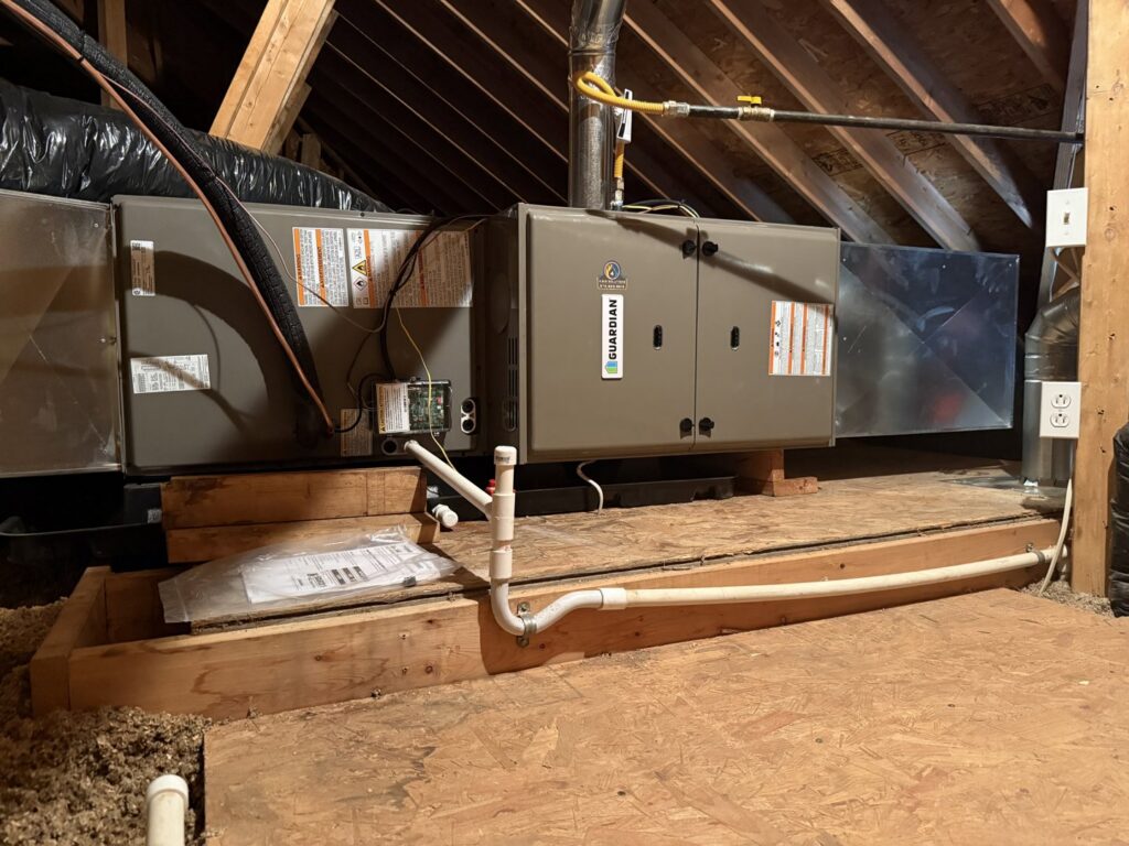 A Guardian HVAC unit installed in an attic space by 4-BIS Solutions HVAC and Home Maintenance in Columbia, MO.