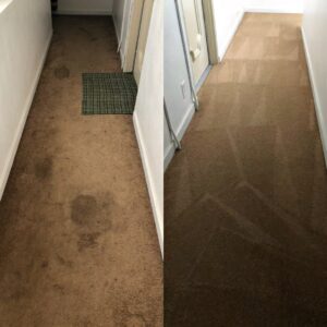 A before and after split image showcasing a hallway carpet transformed by Dalia's Carpet Cleaning in San Francisco, CA.