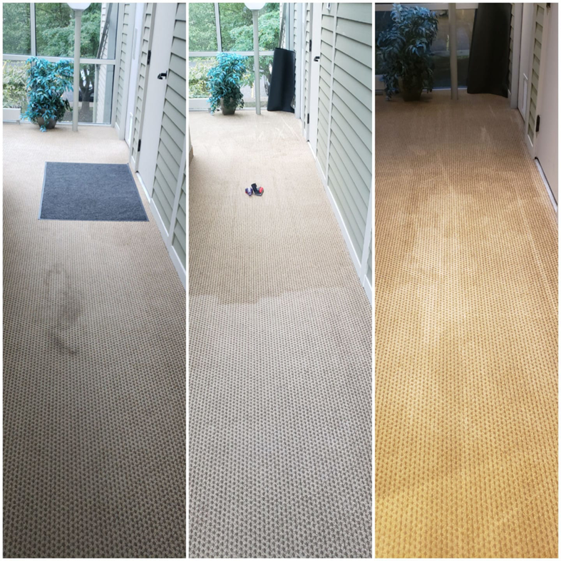 Before and after view of a hallway carpet cleaned by AD's Carpet Cleaning Service in Rochester, NY.