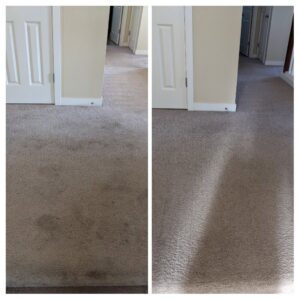 Before and after comparison of a dirty carpeted hallway cleaned by All Kleen Carpet Cleaning in Mountlake Terrace, WA.