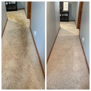 Before and after comparison of a hallway carpet after professional cleaning by Brooke's Chem-Dry Lawrence in Kansas City, MO.