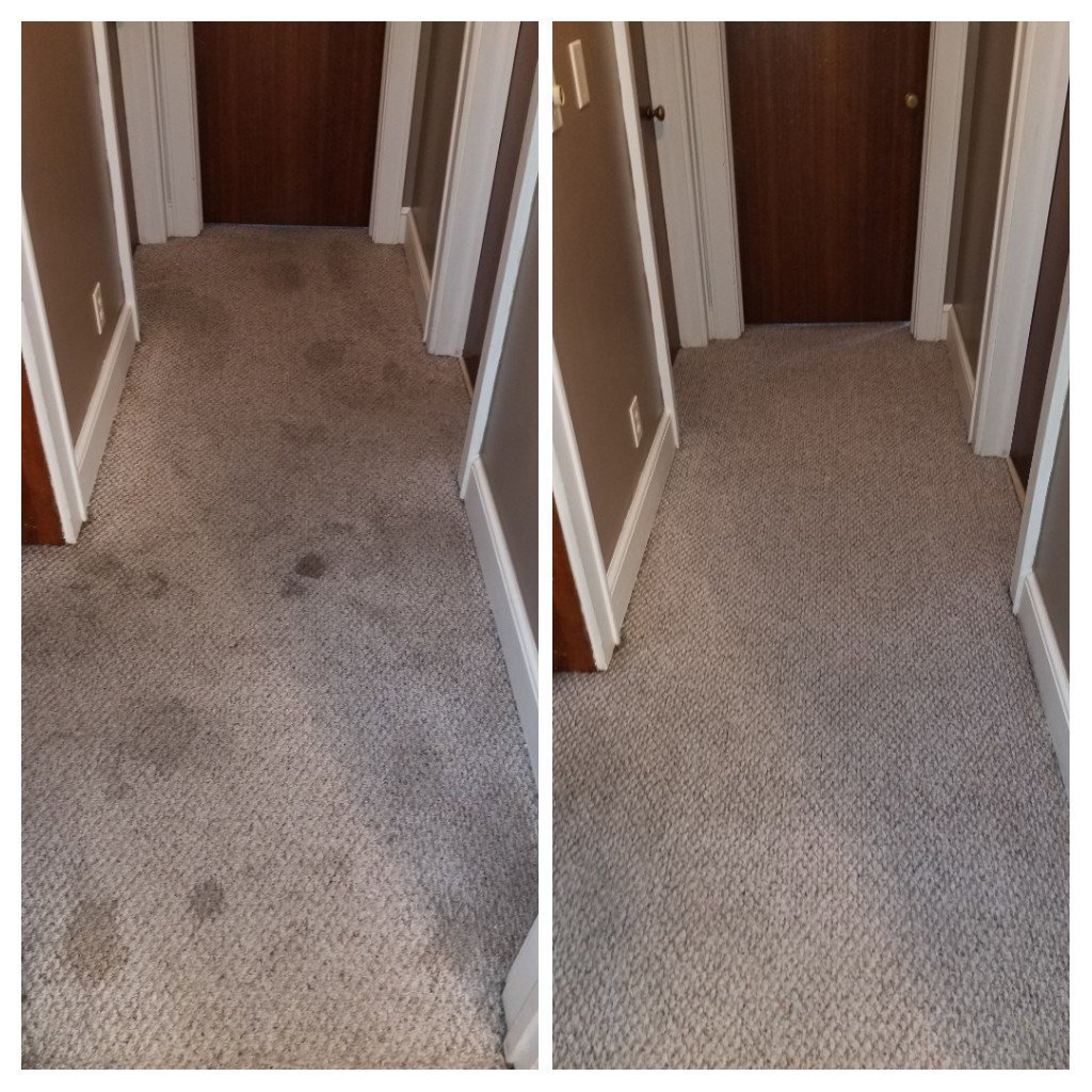 A hallway carpet before and after professional cleaning by Drew's Cleaning and Restoration in Jamestown, NC.