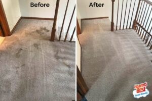 Before and after of a professionally cleaned hallway carpet by Heaven's Best Carpet Cleaning of Rio Rancho ABQ.