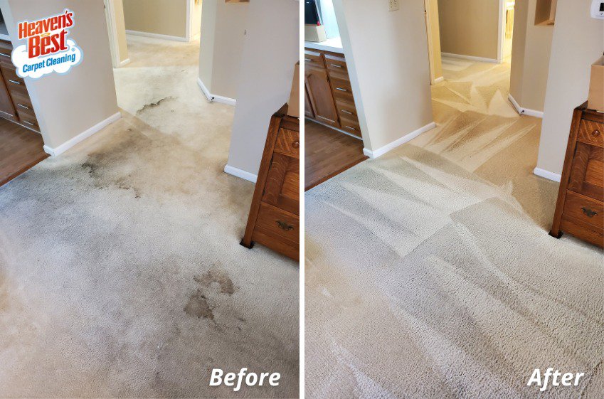 Before and after photo of a dirty hallway carpet cleaned by Heaven's Best Carpet Cleaning of Northwest San Antonio, TX