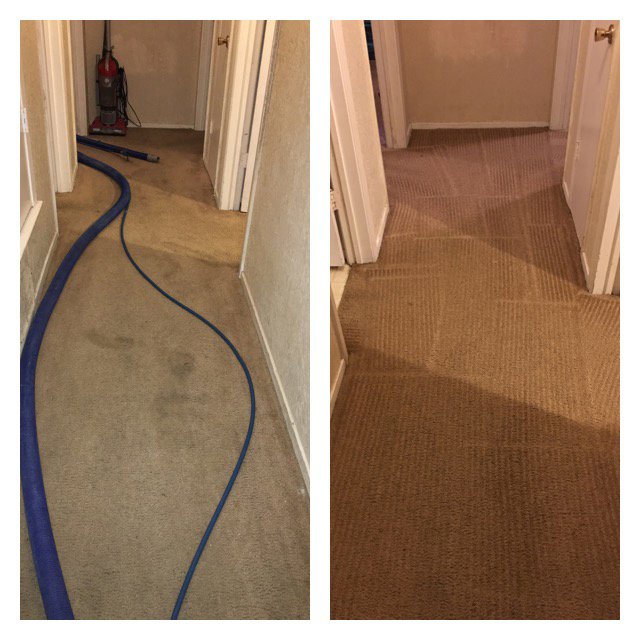 A hallway carpet before and after professional cleaning by Mint Carpet Care in Dallas, TX, with equipment visible