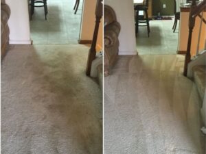 Before and after view of a hallway carpet cleaned by Professional Carpet Care Laurel in Laurel, MD
