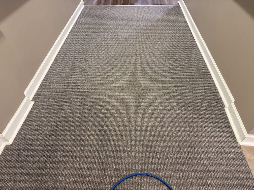 A hallway with patterned carpet being cleaned with a hose by Jones Carpet Care LLC in Huntsville, AL.