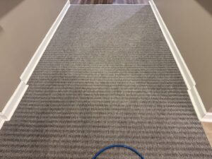 A hallway with patterned carpet being cleaned with a hose by Jones Carpet Care LLC in Huntsville, AL.