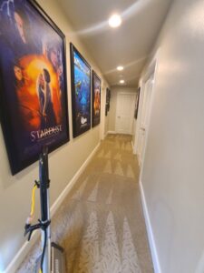 Hallway carpet being cleaned with visible cleaning lines and equipment by Select Carpet Clean LLC in Scranton, PA.