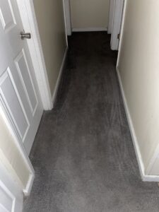 A dark grey hallway carpet showing distinct cleaning lines after service by Fiber Dry Carpet & Upholstery Cleaning in Dayton, OH.