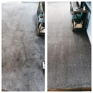 A hallway carpet showing significant improvement after deep cleaning by A-Team Carpet Care in Chesapeake, VA.