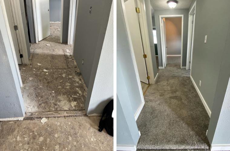 Before and after photo of a hallway with new carpet installation by Best Flooring in Indianapolis, IN.