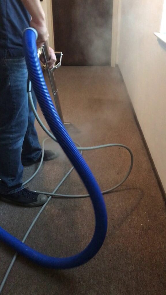 A technician performing steam cleaning on a hallway carpet, showing effective cleaning by Dalia's Carpet Cleaning in San Francisco, CA.