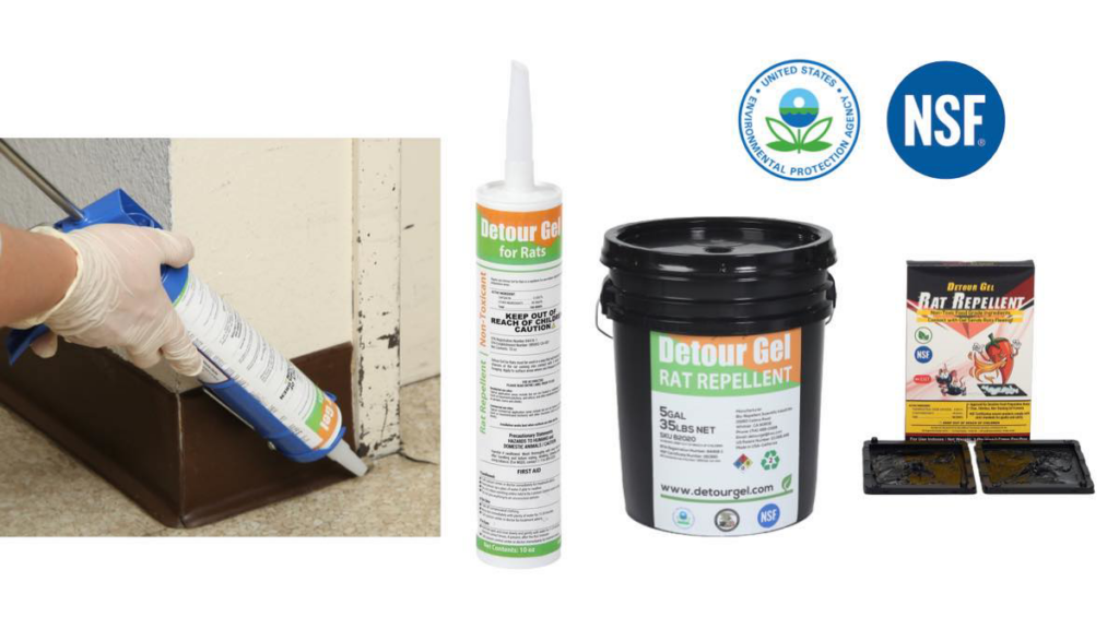 A gloved hand applying Detourgel rat repellent caulk along a baseboard for pest control in Whittier, CA.