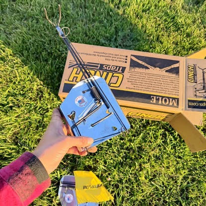 A hand holding a Cinch Mole Trap, prepared for deployment as part of professional pest control services by Cinch Traps in Beaverton, OR.