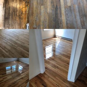 Before and after collage of hardwood floor refinishing by Carpets By Cal Inc in Vernal, UT