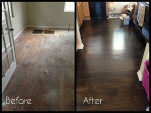 Before and after comparison of a room with old, worn hardwood floors transformed by Peach Design Inc. in Atlanta, GA.