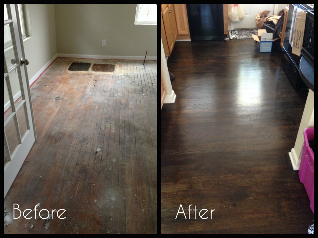 Before and after comparison of a room with old, worn hardwood floors transformed by Peach Design Inc. in Atlanta, GA.