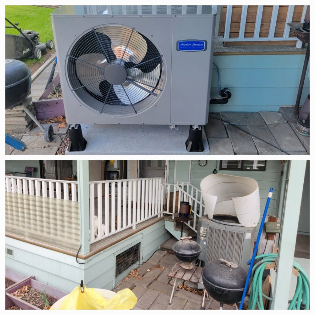 An old outdoor HVAC unit replaced with a new American Standard heat pump/AC unit by Theisen Heating, Air Conditioning & Furnace Cleaning, Yakima, WA.