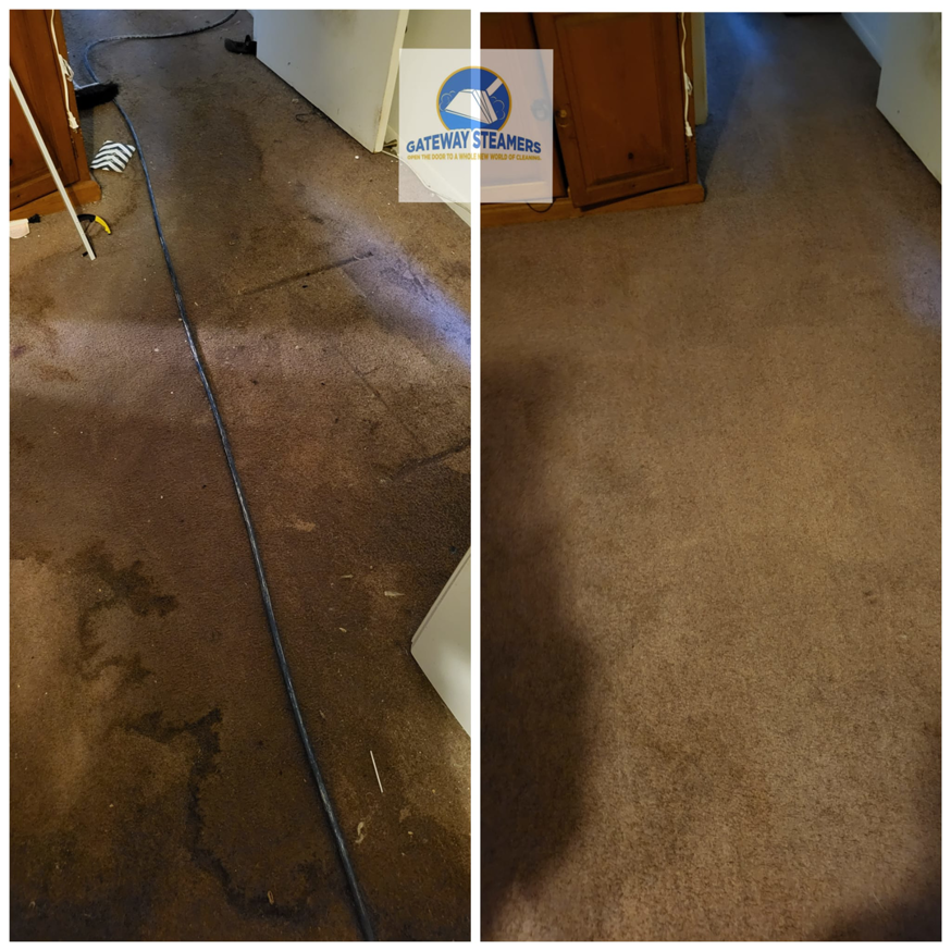 A heavily stained carpet restored to cleanliness by Gateway Steamers in Austin, TX