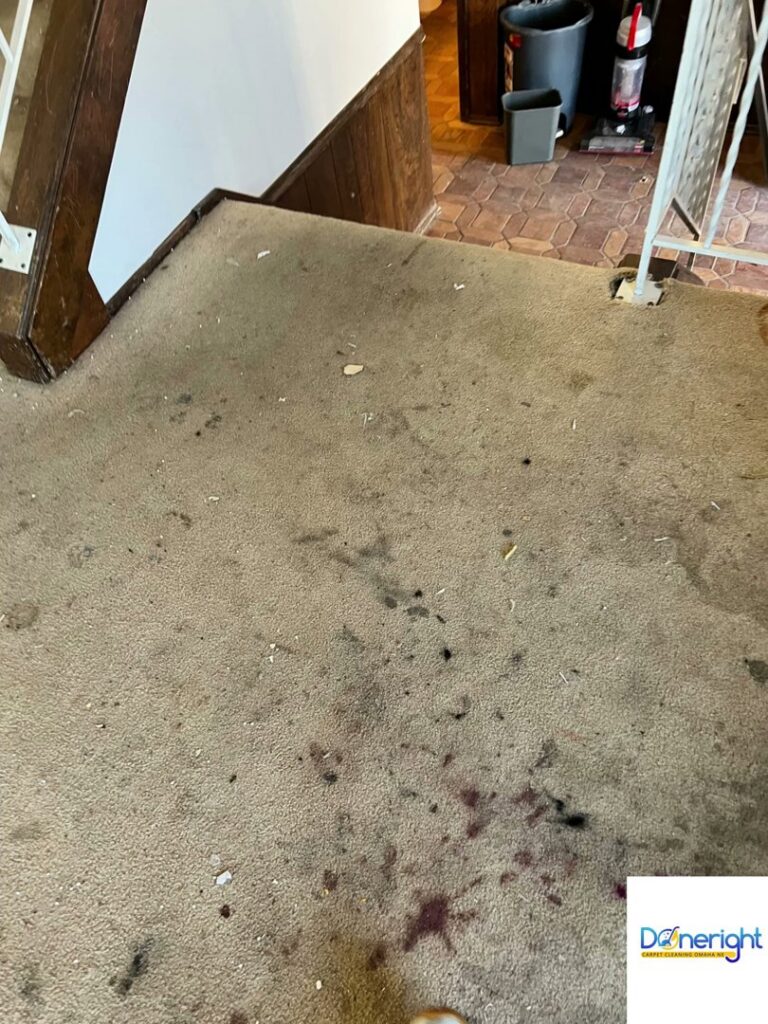 Heavily stained and dirty stair carpet before professional cleaning by Done Right Carpet Cleaning Omaha, NE.