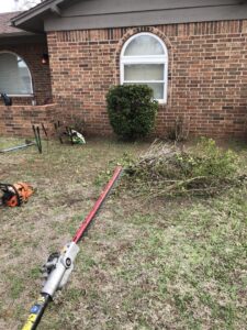 A hedge trimmer and chainsaw next to trimmed shrubs, indicating landscaping work by A & A Lawn Care Service LLC in Edmond, OK.