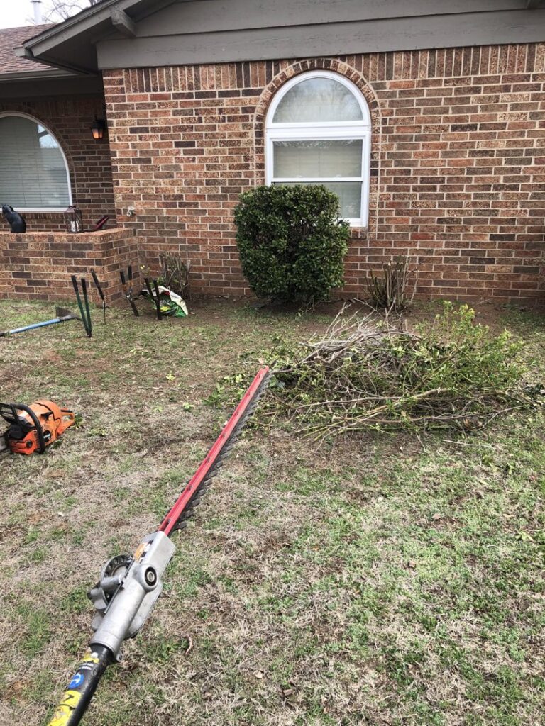 A hedge trimmer and chainsaw next to trimmed shrubs, indicating landscaping work by A & A Lawn Care Service LLC in Edmond, OK.