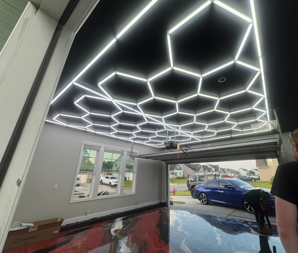 Custom hexagonal LED lighting installed in a garage ceiling by Weiss Electric LLC in Saint Charles, MO.