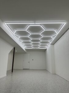 Unique hexagonal LED ceiling lights installed by Pure Light Electric in Kansas City, MO.