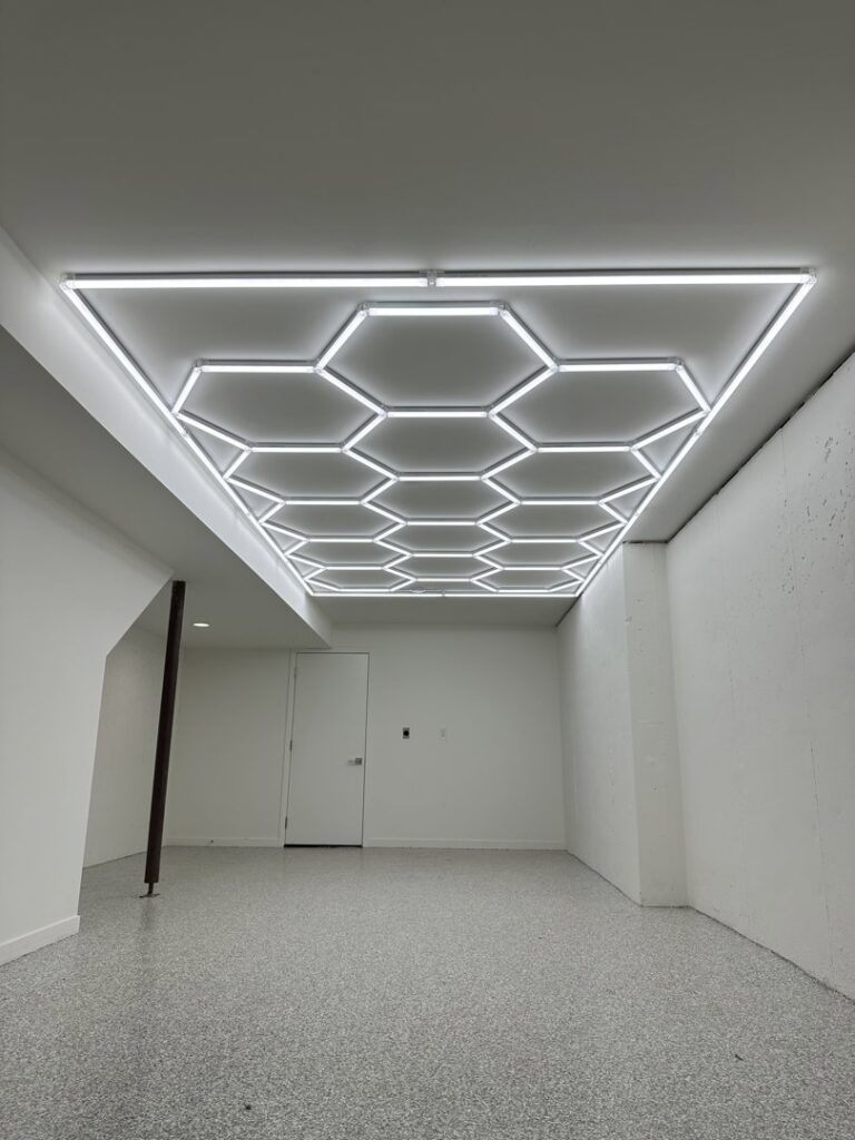 Unique hexagonal LED ceiling lights installed by Pure Light Electric in Kansas City, MO.