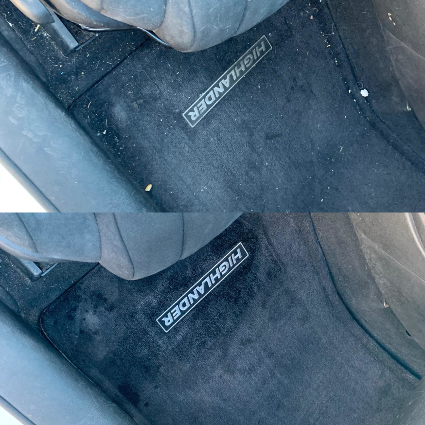 Before and after cleaning of a Highlander branded car floor mat by Humble Carpet Cleaners in Mesa, AZ