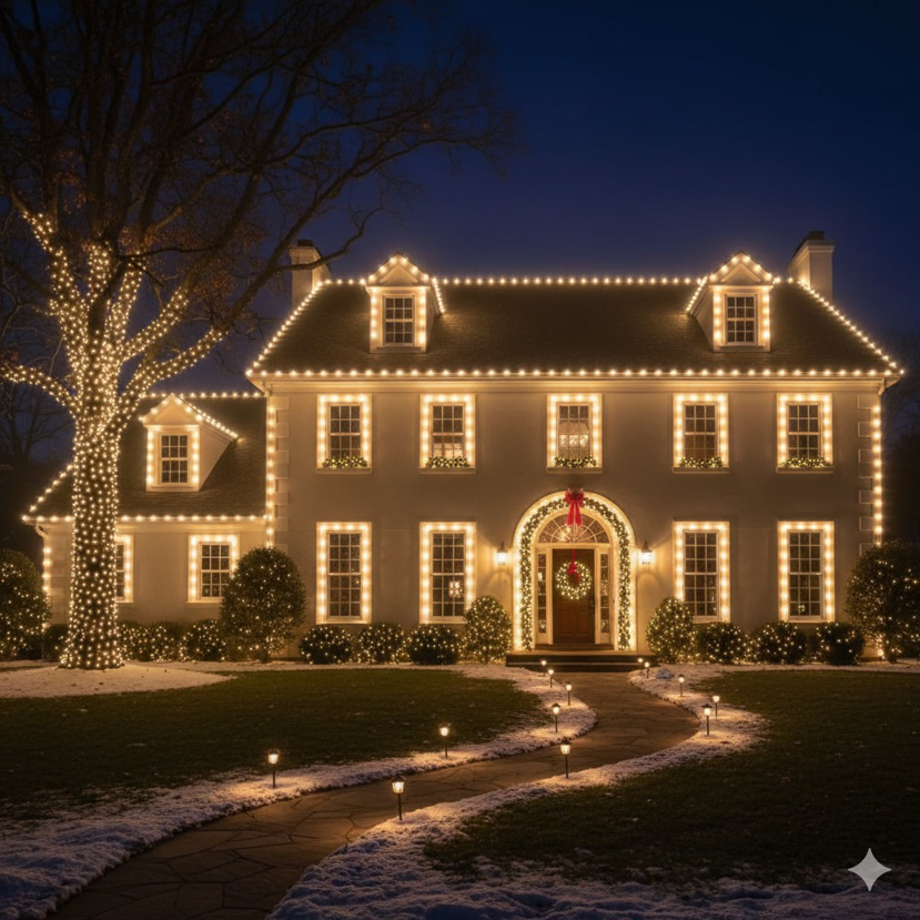 Professional holiday house lighting installation by Square Electrical LLC in Alexandria, VA, creating a festive display.