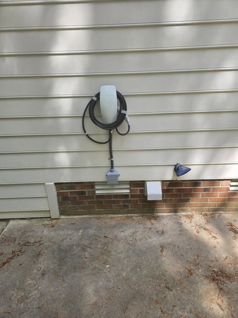 A home electric vehicle charging station installed by Right Electrical Services LLC in Raleigh, NC.